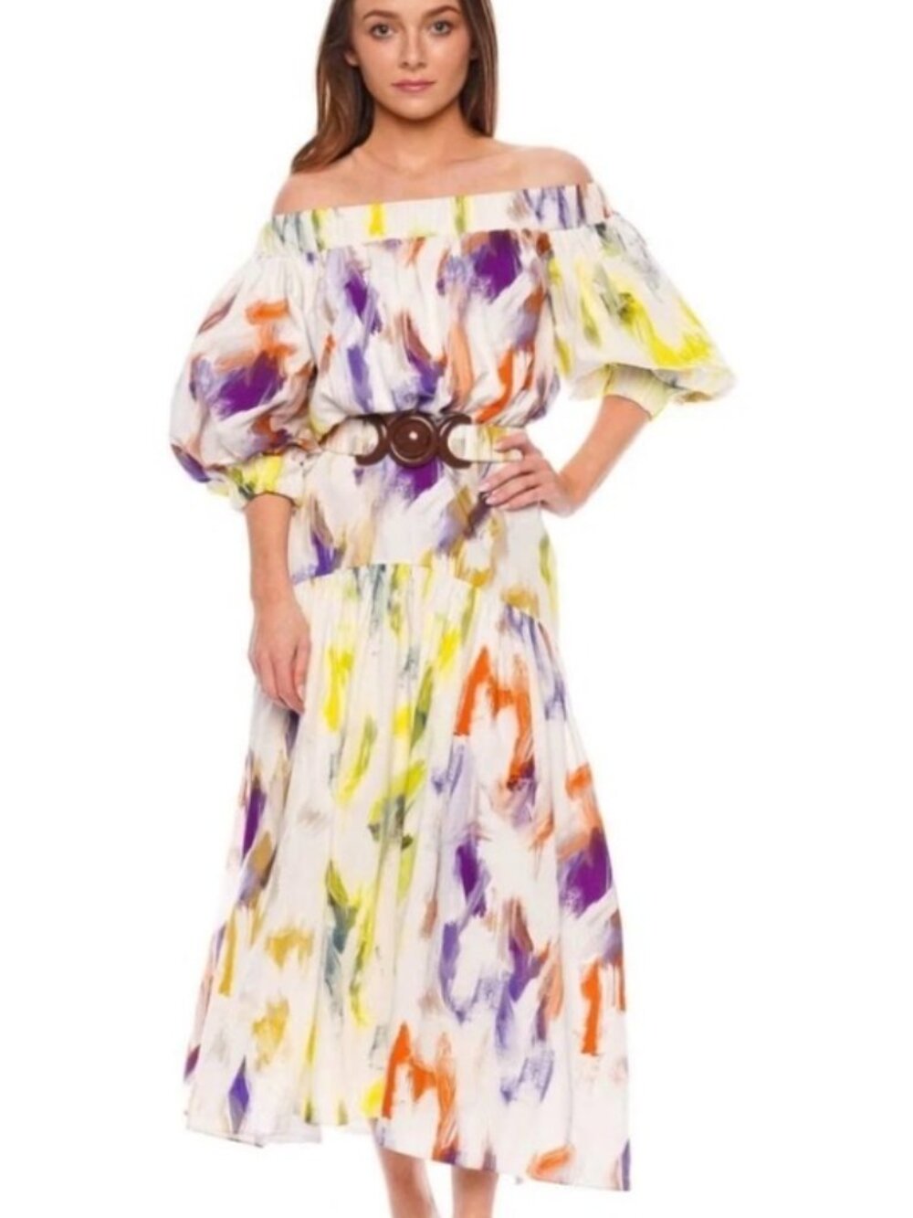 NWOT Silvia Tcherassi Sindone Multi Print Brushstroke Belted Midi Dress. Size S